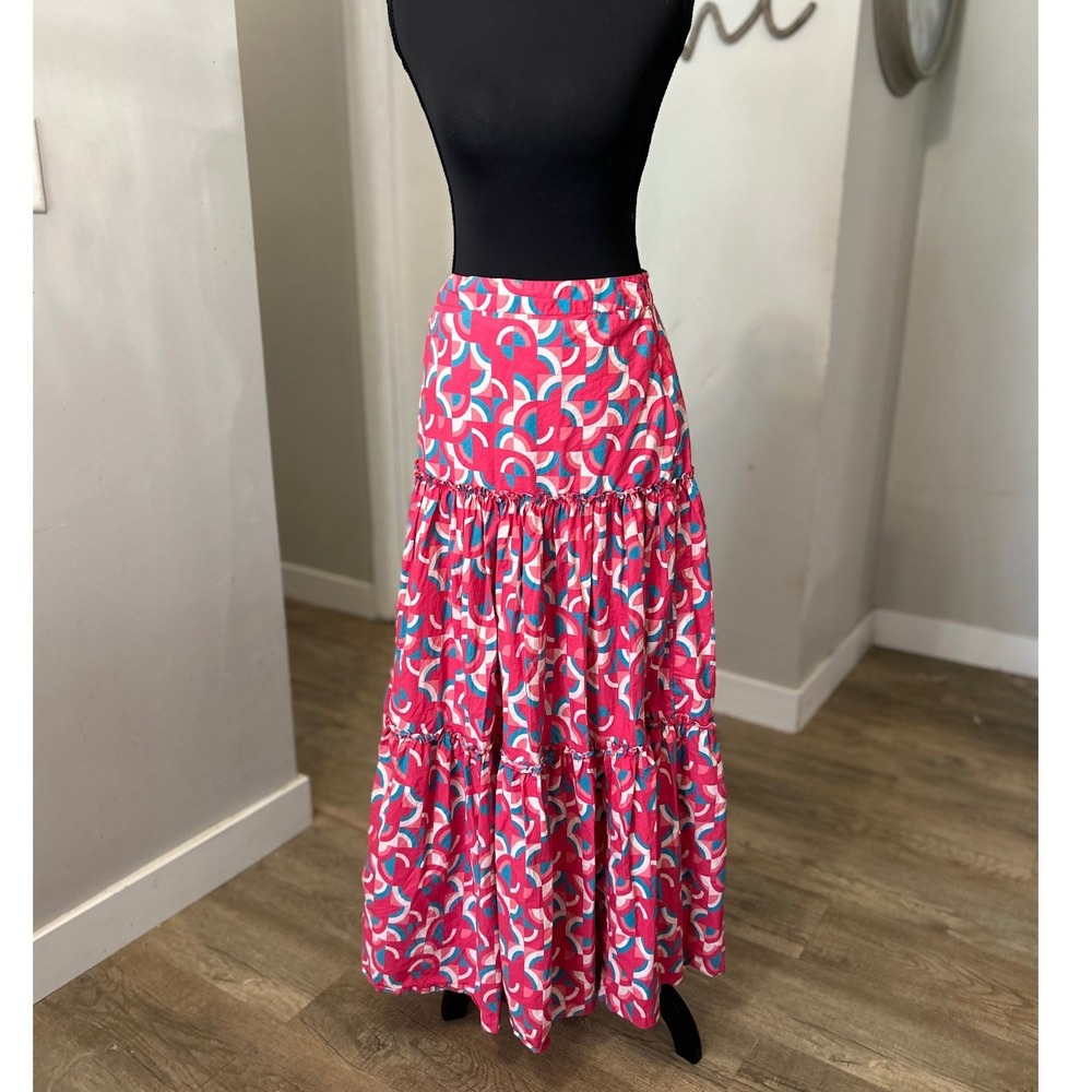 Sundance Hot Pink Geometric Abstract Print Tiered Cotton Maxi Skirt Womens Small